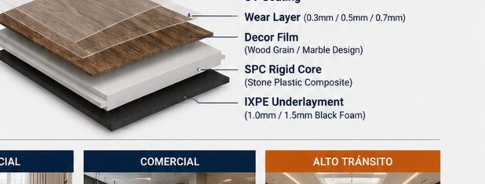 Capas del piso SPC: UV, wear layer, decor film, núcleo SPC, IXPE